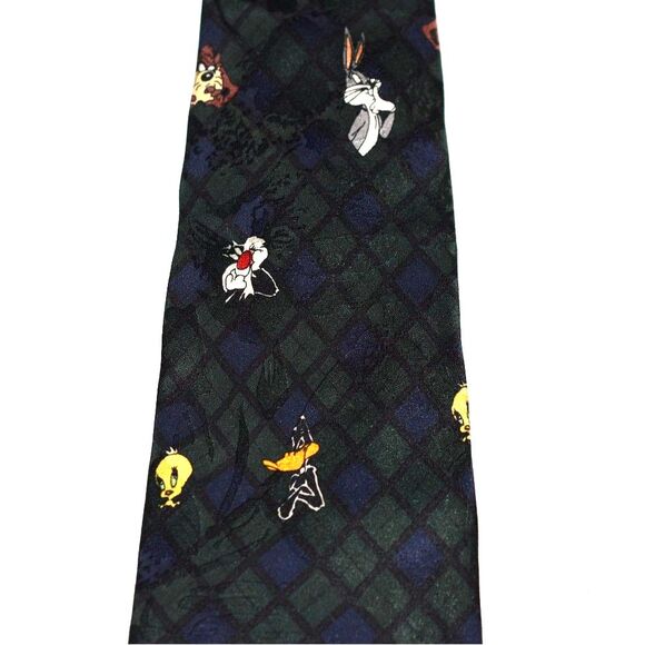 Vintage 1995 Looney Tunes Green/Blue Plaid The Pose Characters Tie - Picture 3 of 5